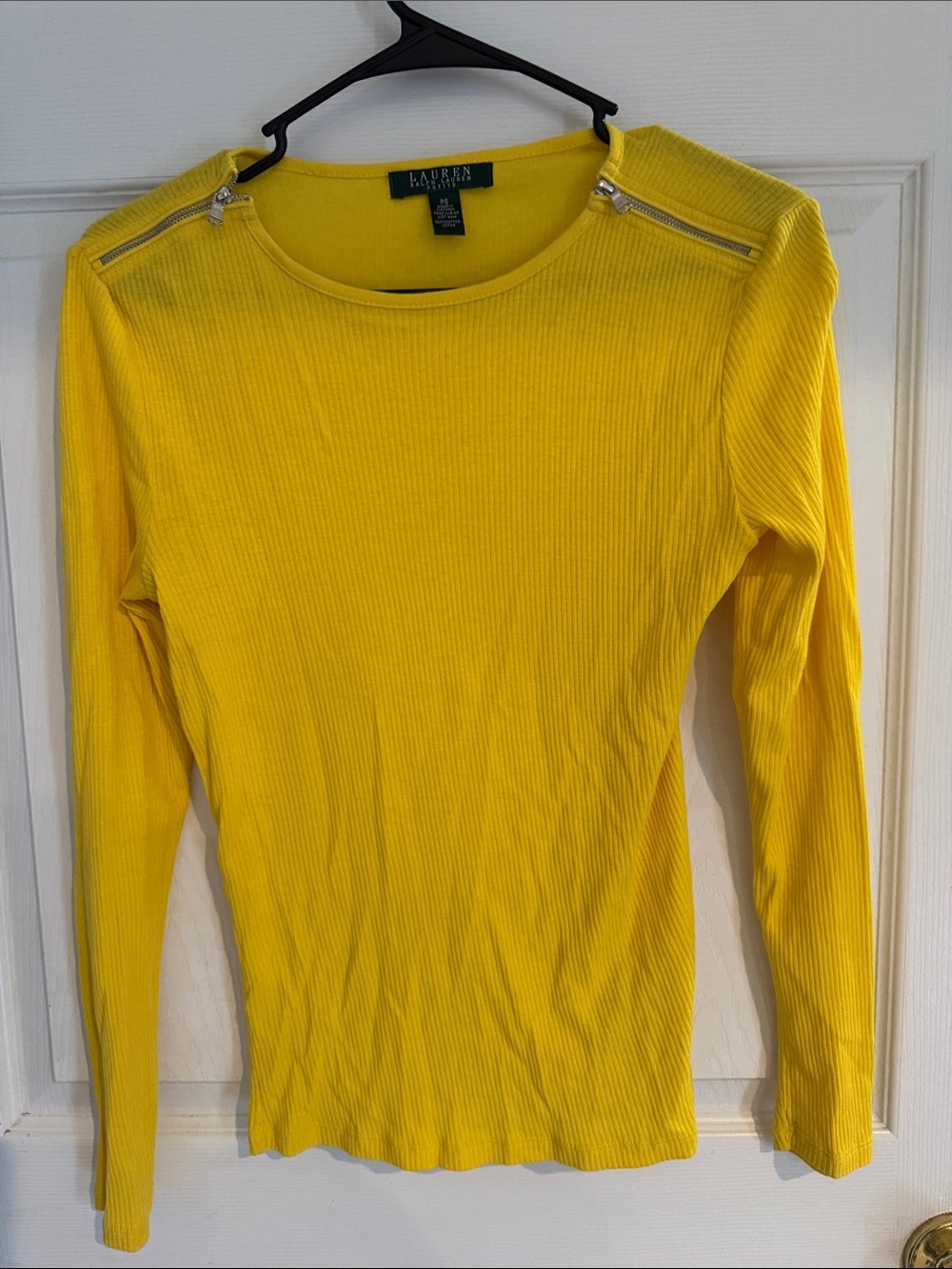 Lauren Ralph Lauren Bright Yellow Ribbed Long-Sleeve Top with Shoulder Zippers